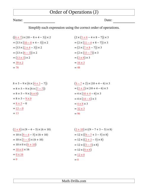 The Order of Operations with Whole Numbers Multiplication, Addition and Subtraction Only (Six Steps) (J) Math Worksheet Page 2