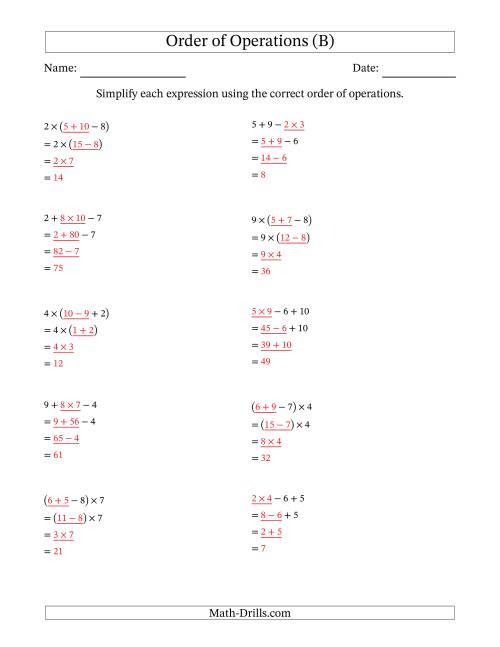 The Order of Operations with Whole Numbers Multiplication, Addition and Subtraction Only (Three Steps) (B) Math Worksheet Page 2