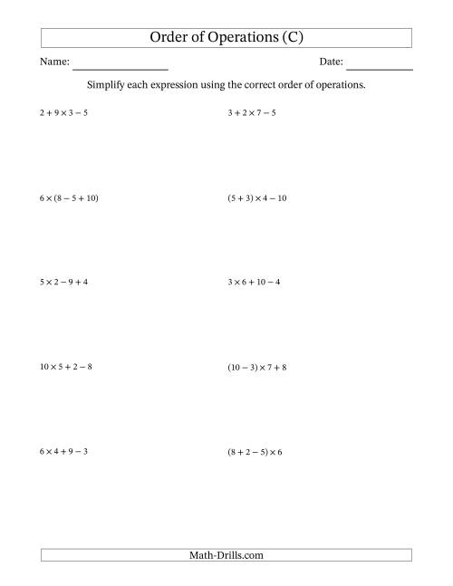 The Order of Operations with Whole Numbers Multiplication, Addition and Subtraction Only (Three Steps) (C) Math Worksheet