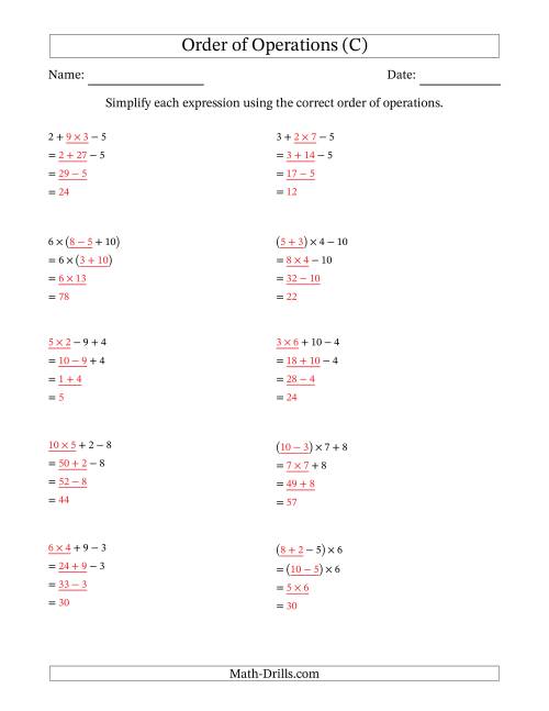 The Order of Operations with Whole Numbers Multiplication, Addition and Subtraction Only (Three Steps) (C) Math Worksheet Page 2