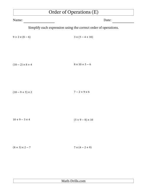 The Order of Operations with Whole Numbers Multiplication, Addition and Subtraction Only (Three Steps) (E) Math Worksheet