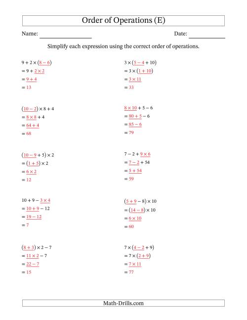The Order of Operations with Whole Numbers Multiplication, Addition and Subtraction Only (Three Steps) (E) Math Worksheet Page 2