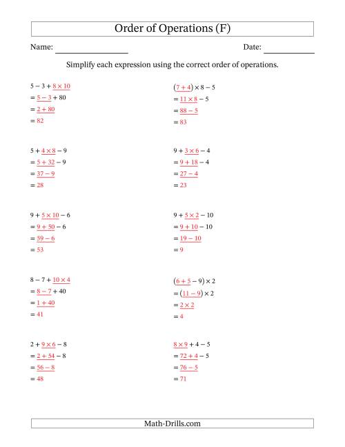 The Order of Operations with Whole Numbers Multiplication, Addition and Subtraction Only (Three Steps) (F) Math Worksheet Page 2