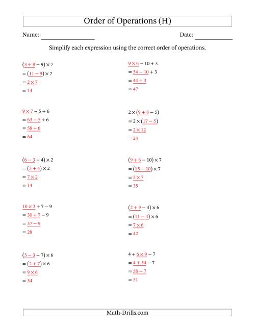 The Order of Operations with Whole Numbers Multiplication, Addition and Subtraction Only (Three Steps) (H) Math Worksheet Page 2