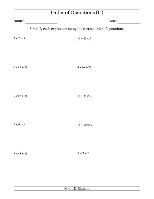 The Order of Operations with Whole Numbers Multiplication, Addition and Subtraction Only (Two Steps) (C) Math Worksheet