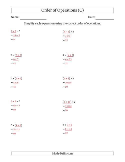 The Order of Operations with Whole Numbers Multiplication, Addition and Subtraction Only (Two Steps) (C) Math Worksheet Page 2