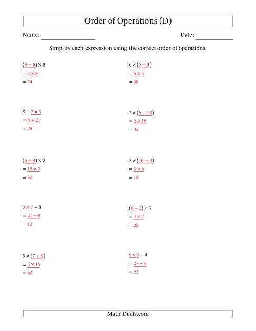 The Order of Operations with Whole Numbers Multiplication, Addition and Subtraction Only (Two Steps) (D) Math Worksheet Page 2