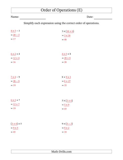 The Order of Operations with Whole Numbers Multiplication, Addition and Subtraction Only (Two Steps) (E) Math Worksheet Page 2