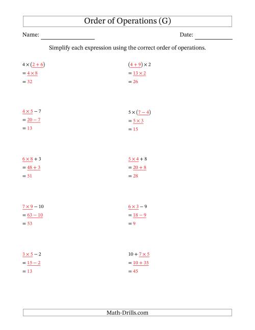 The Order of Operations with Whole Numbers Multiplication, Addition and Subtraction Only (Two Steps) (G) Math Worksheet Page 2