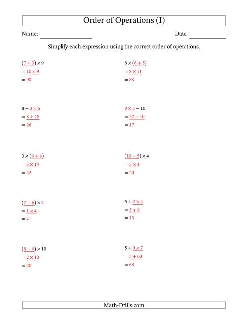 The Order of Operations with Whole Numbers Multiplication, Addition and Subtraction Only (Two Steps) (I) Math Worksheet Page 2