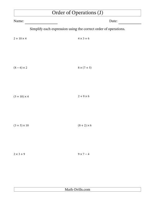 The Order of Operations with Whole Numbers Multiplication, Addition and Subtraction Only (Two Steps) (J) Math Worksheet