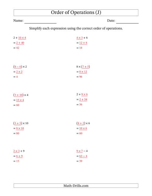 The Order of Operations with Whole Numbers Multiplication, Addition and Subtraction Only (Two Steps) (J) Math Worksheet Page 2