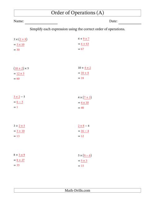 The Order of Operations with Whole Numbers Multiplication, Addition and Subtraction Only (Two Steps) (All) Math Worksheet Page 2
