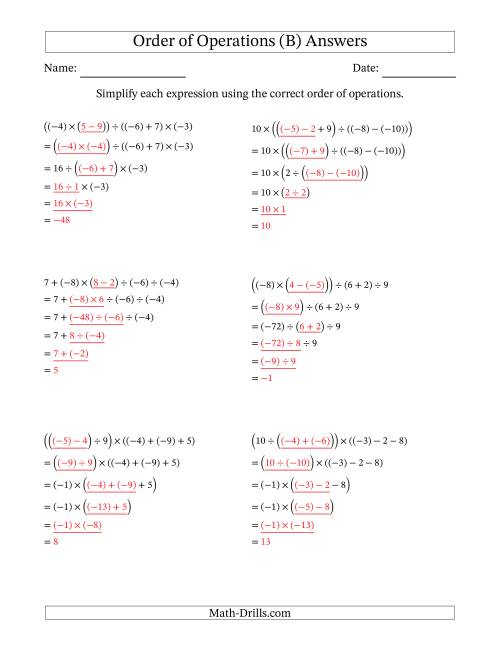The Order of Operations with Negative and Positive Integers and No Exponents (Five Steps) (B) Math Worksheet Page 2