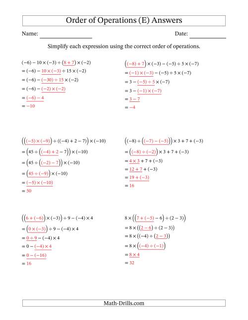 The Order of Operations with Negative and Positive Integers and No Exponents (Five Steps) (E) Math Worksheet Page 2