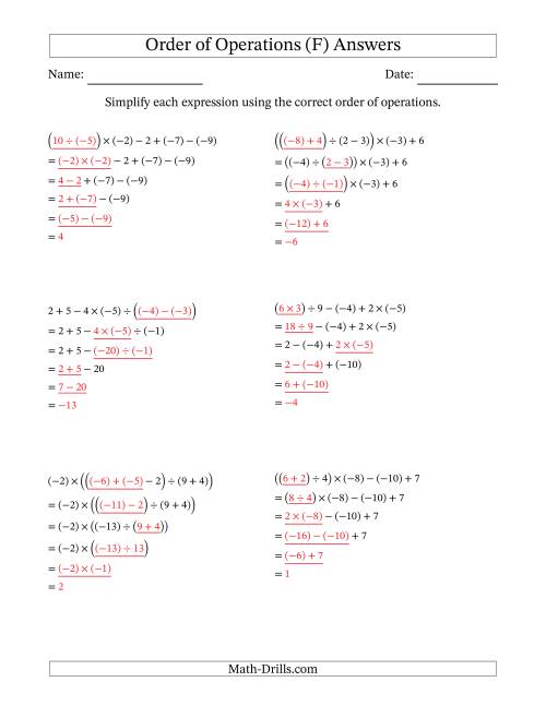 The Order of Operations with Negative and Positive Integers and No Exponents (Five Steps) (F) Math Worksheet Page 2