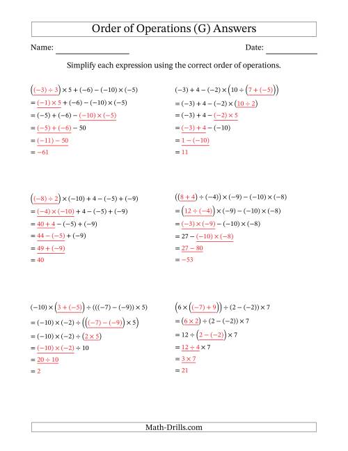 The Order of Operations with Negative and Positive Integers and No Exponents (Five Steps) (G) Math Worksheet Page 2