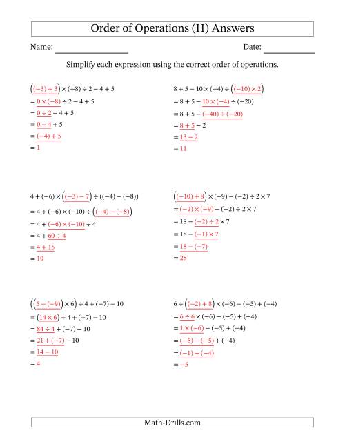 The Order of Operations with Negative and Positive Integers and No Exponents (Five Steps) (H) Math Worksheet Page 2