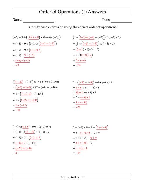 The Order of Operations with Negative and Positive Integers and No Exponents (Five Steps) (I) Math Worksheet Page 2