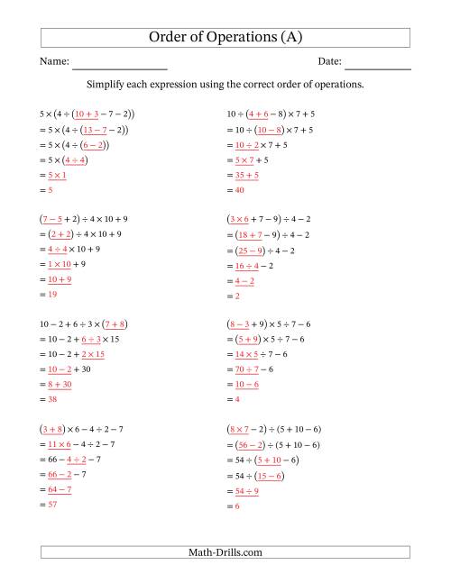 The Order of Operations with Whole Numbers and No Exponents (Five Steps) (A) Math Worksheet Page 2