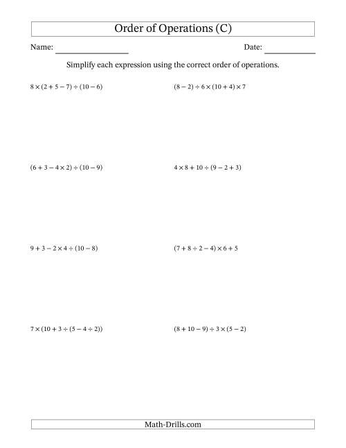 The Order of Operations with Whole Numbers and No Exponents (Five Steps) (C) Math Worksheet