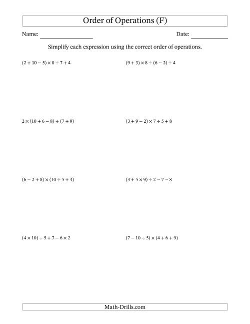 The Order of Operations with Whole Numbers and No Exponents (Five Steps) (F) Math Worksheet