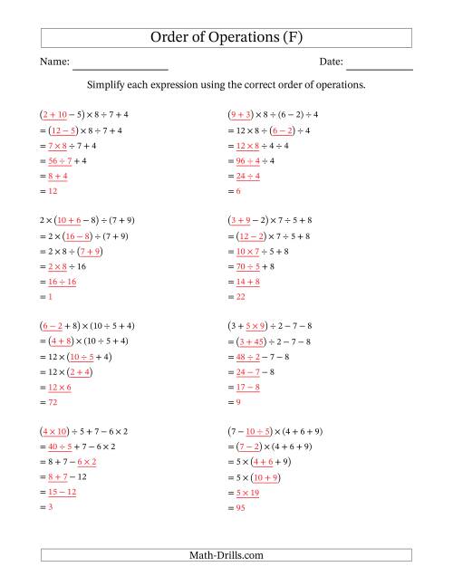 The Order of Operations with Whole Numbers and No Exponents (Five Steps) (F) Math Worksheet Page 2