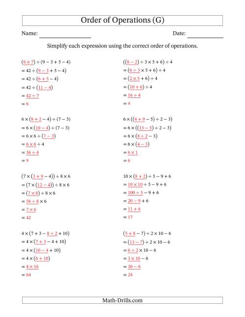 The Order of Operations with Whole Numbers and No Exponents (Five Steps) (G) Math Worksheet Page 2