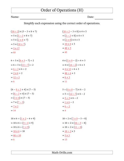 The Order of Operations with Whole Numbers and No Exponents (Five Steps) (H) Math Worksheet Page 2