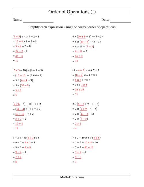 The Order of Operations with Whole Numbers and No Exponents (Five Steps) (I) Math Worksheet Page 2