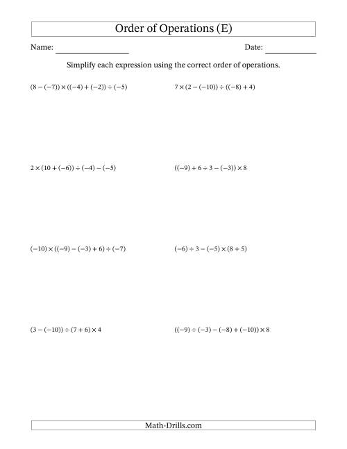 The Order of Operations with Negative and Positive Integers and No Exponents (Four Steps) (E) Math Worksheet
