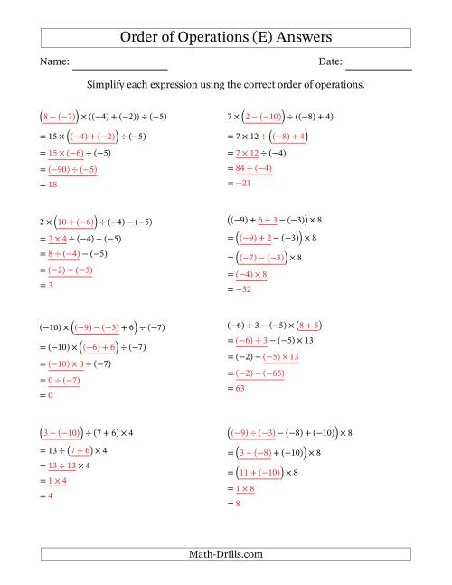 The Order of Operations with Negative and Positive Integers and No Exponents (Four Steps) (E) Math Worksheet Page 2