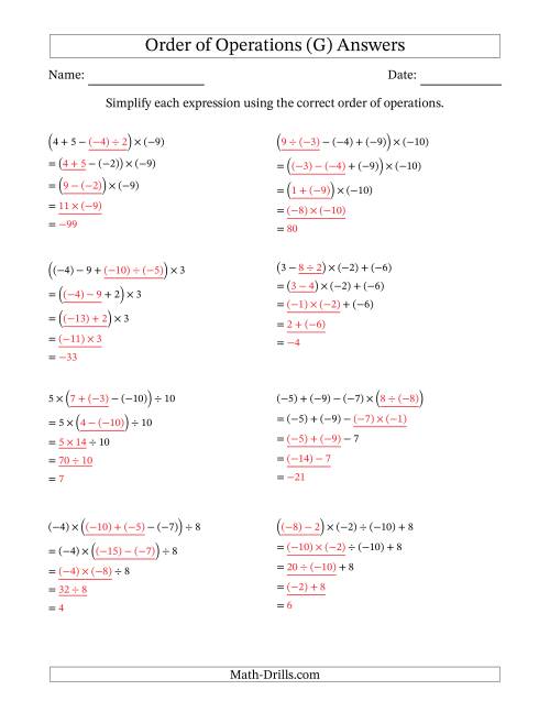 The Order of Operations with Negative and Positive Integers and No Exponents (Four Steps) (G) Math Worksheet Page 2