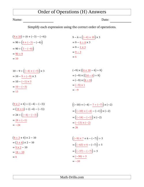 The Order of Operations with Negative and Positive Integers and No Exponents (Four Steps) (H) Math Worksheet Page 2