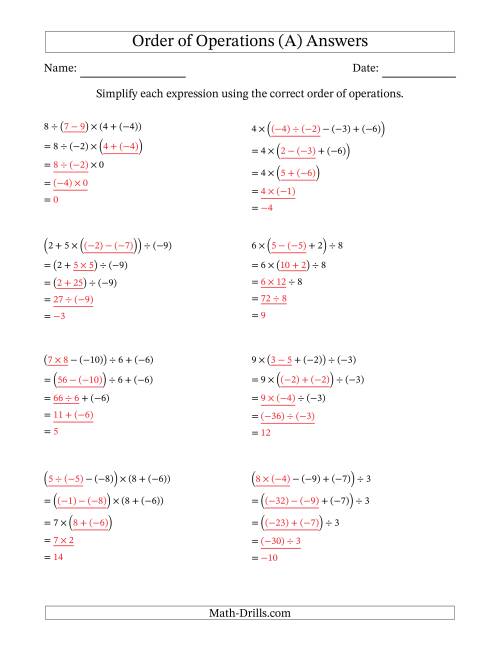 The Order of Operations with Negative and Positive Integers and No Exponents (Four Steps) (All) Math Worksheet Page 2