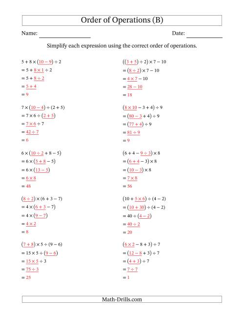 The Order of Operations with Whole Numbers and No Exponents (Four Steps) (B) Math Worksheet Page 2