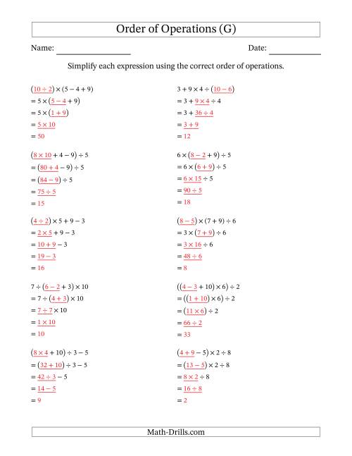 The Order of Operations with Whole Numbers and No Exponents (Four Steps) (G) Math Worksheet Page 2