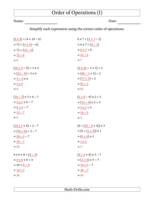 The Order of Operations with Whole Numbers and No Exponents (Four Steps) (I) Math Worksheet Page 2