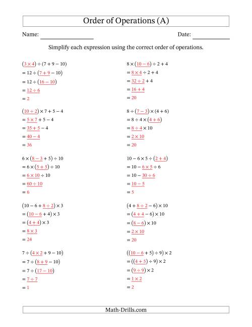 The Order of Operations with Whole Numbers and No Exponents (Four Steps) (All) Math Worksheet Page 2