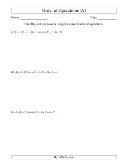 Order of Operations with Negative and Positive Integers and No Exponents (Six Steps)