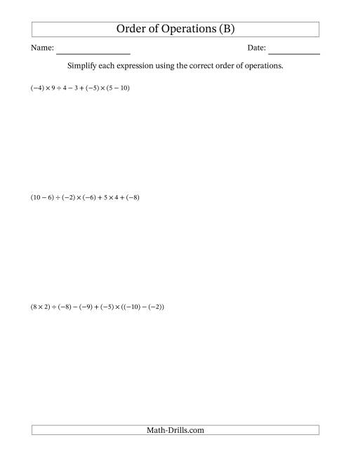 The Order of Operations with Negative and Positive Integers and No Exponents (Six Steps) (B) Math Worksheet