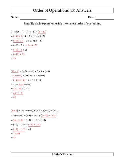 The Order of Operations with Negative and Positive Integers and No Exponents (Six Steps) (B) Math Worksheet Page 2