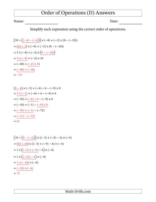 The Order of Operations with Negative and Positive Integers and No Exponents (Six Steps) (D) Math Worksheet Page 2