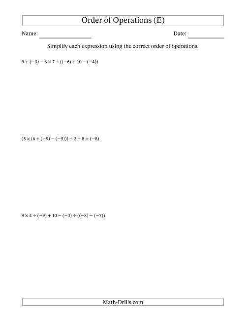 The Order of Operations with Negative and Positive Integers and No Exponents (Six Steps) (E) Math Worksheet