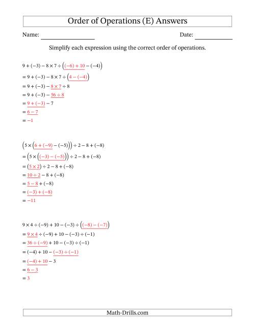 The Order of Operations with Negative and Positive Integers and No Exponents (Six Steps) (E) Math Worksheet Page 2