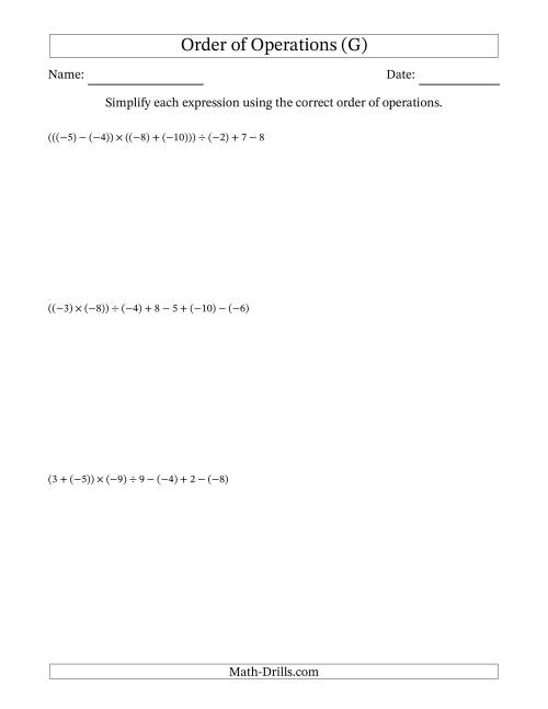 The Order of Operations with Negative and Positive Integers and No Exponents (Six Steps) (G) Math Worksheet