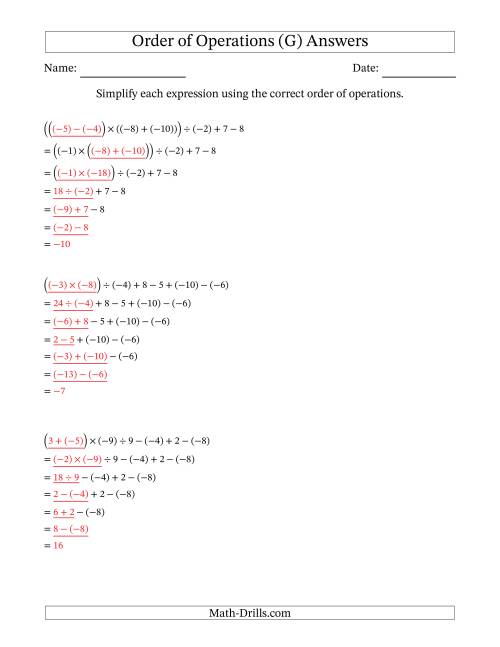 The Order of Operations with Negative and Positive Integers and No Exponents (Six Steps) (G) Math Worksheet Page 2