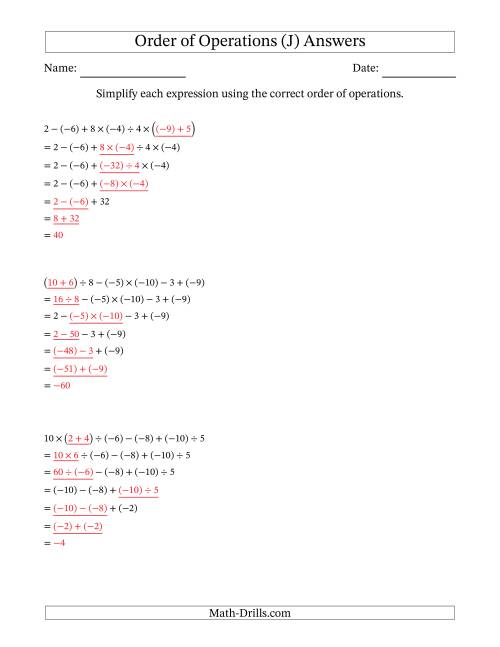 The Order of Operations with Negative and Positive Integers and No Exponents (Six Steps) (J) Math Worksheet Page 2