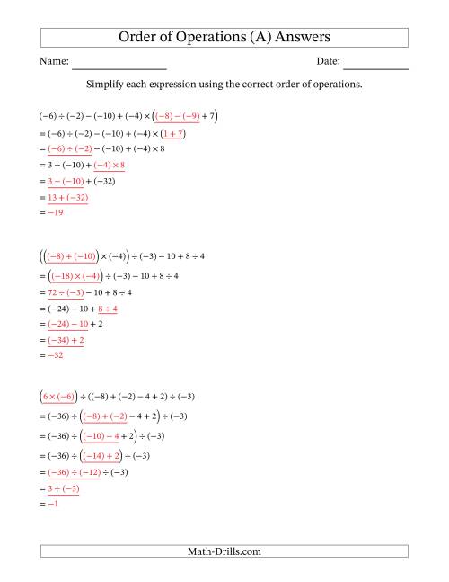 The Order of Operations with Negative and Positive Integers and No Exponents (Six Steps) (All) Math Worksheet Page 2