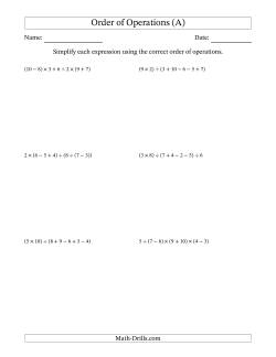 Order of Operations with Whole Numbers and No Exponents (Six Steps)